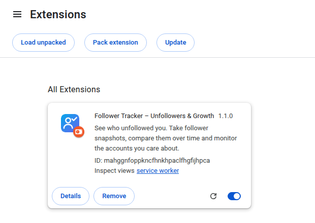 Follower Tracker extension installed and enabled in Chrome